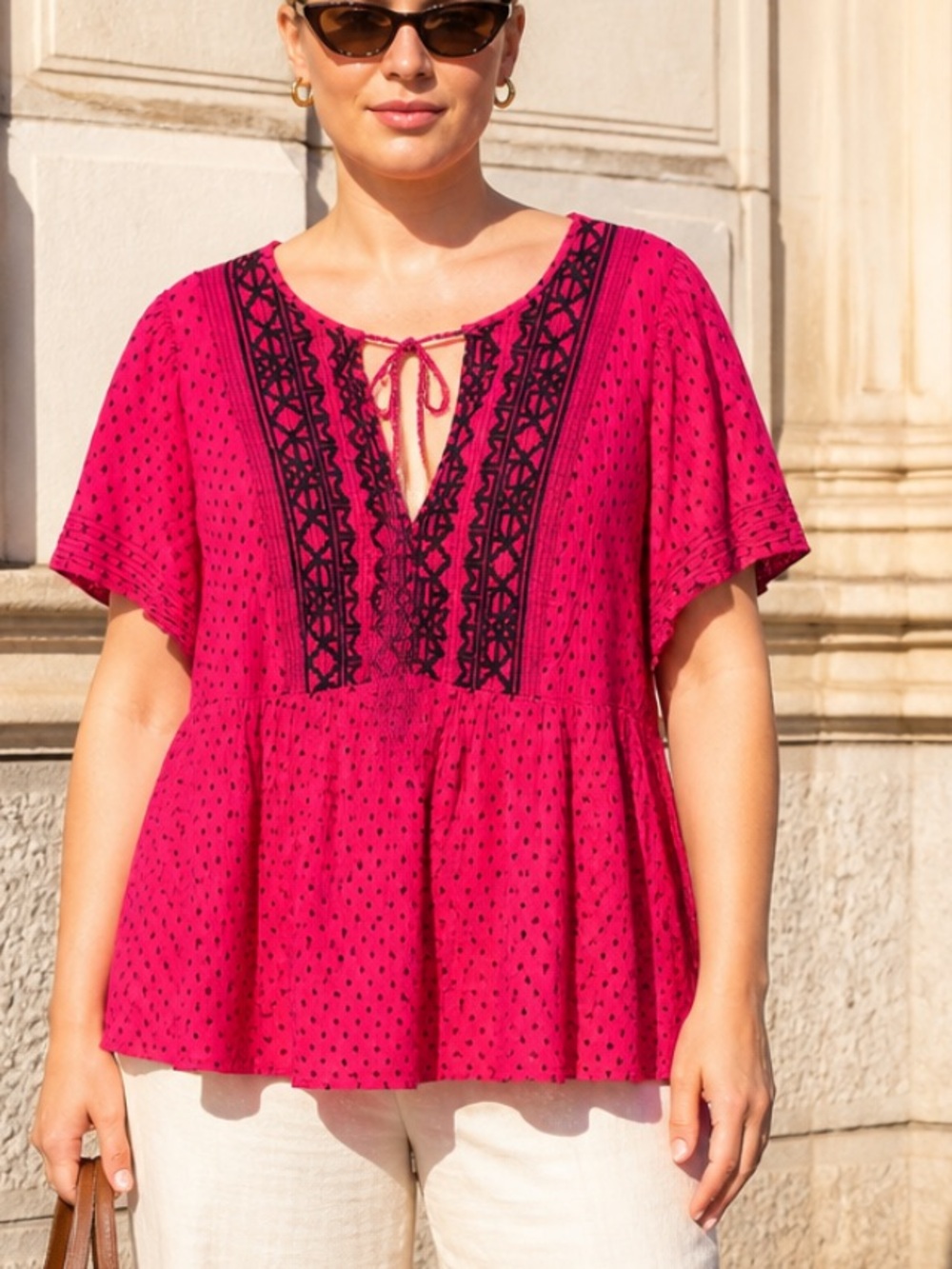 Knox Rose Fuchsia Peasant Tunic with Black Embroidery